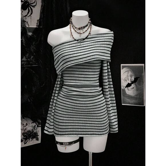 Emo Egirl E-girl Y2k Asymmetrical Off Shoulder Bodycon Gray Strip Dress L - Picture 1 of 5